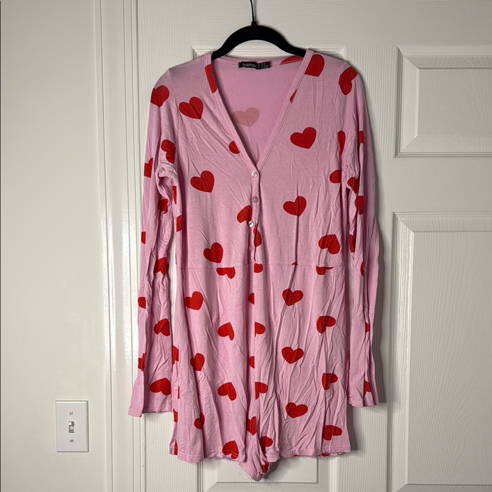 Boohoo Pink and Red Heart Button-Up Romper